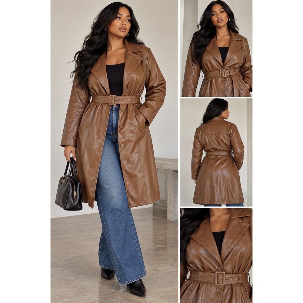 Stoosh XL Brown Faux Leather Belted Trench Coat Longline Vegan Leather Jacket